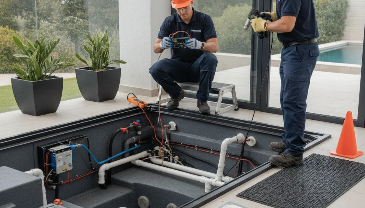 Spa repair technician servicing residential spa in New Orleans, LA